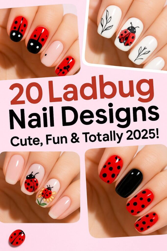 "Collage of cute and trendy ladybug nail designs for 2025 with text overlay – 20 creative manicure ideas"
