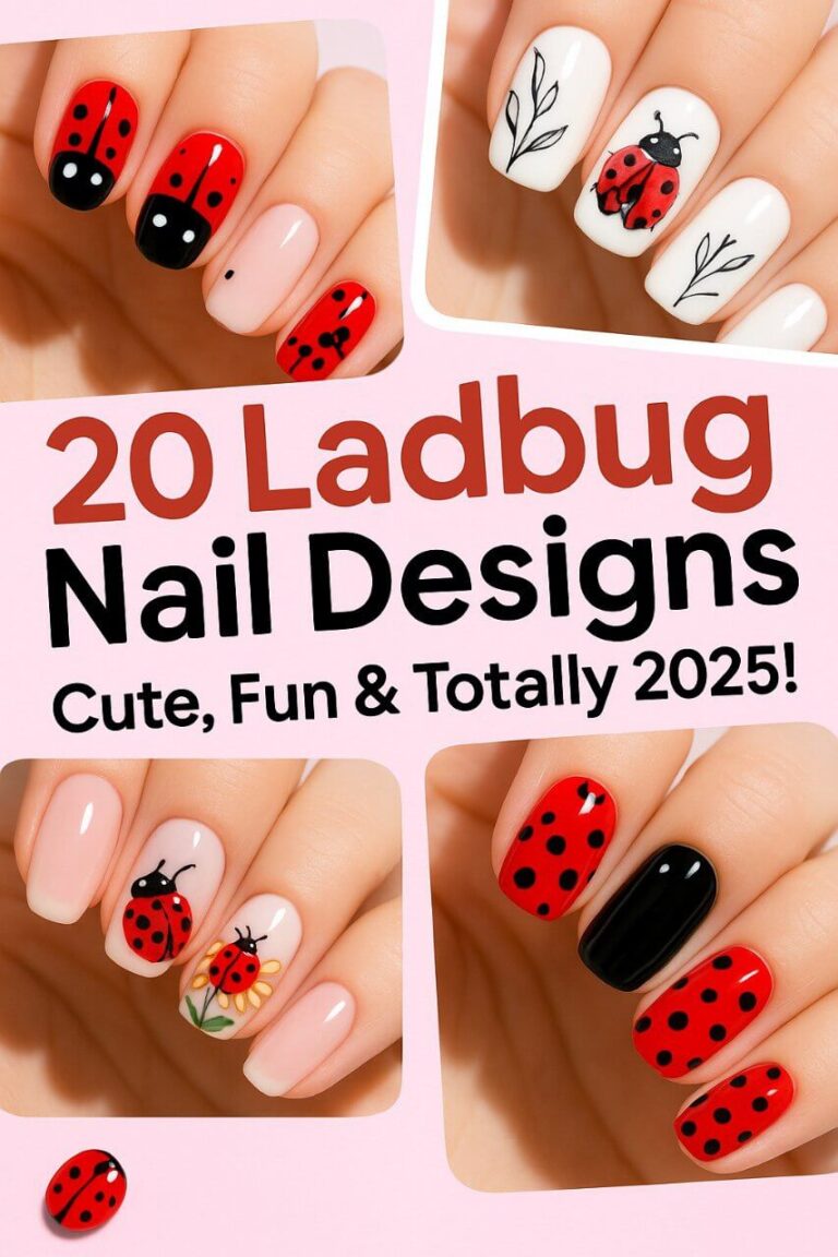 "Collage of cute and trendy ladybug nail designs for 2025 with text overlay – 20 creative manicure ideas"