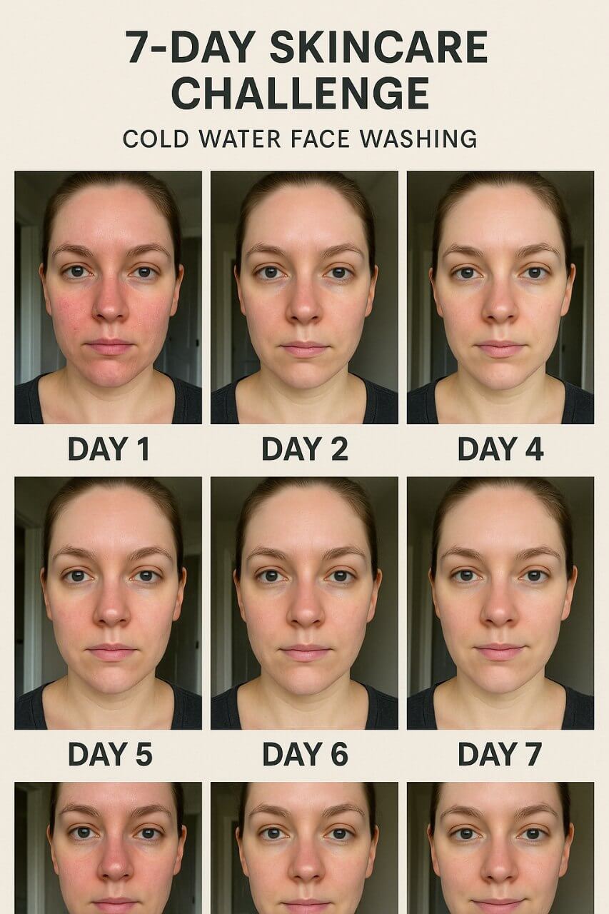 Before and after results of a 7-day cold water face washing experiment with visible skin improvement