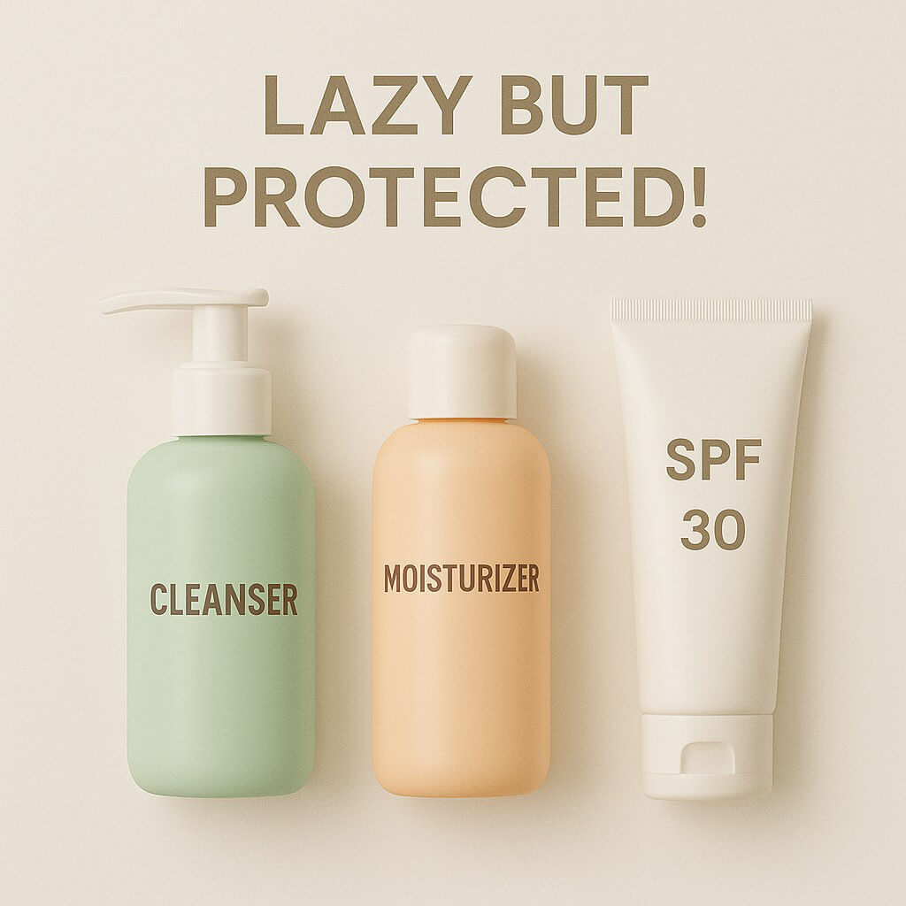"Minimalist skincare flat lay with cleanser, moisturizer, and sunscreen. Easy SPF routine for lazy winter mornings."