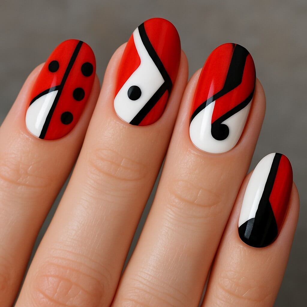 Modern abstract nail art featuring red, black, and white geometric patterns inspired by ladybug wings on medium glossy nails"