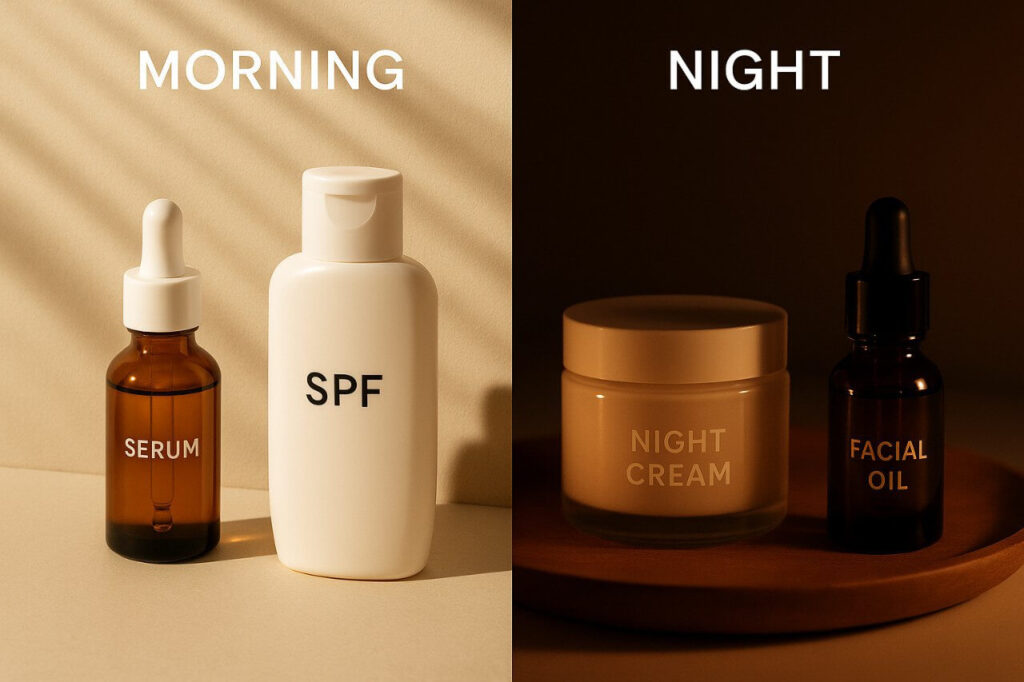 Side-by-side comparison of morning and night skincare products with sun and moon lighting.