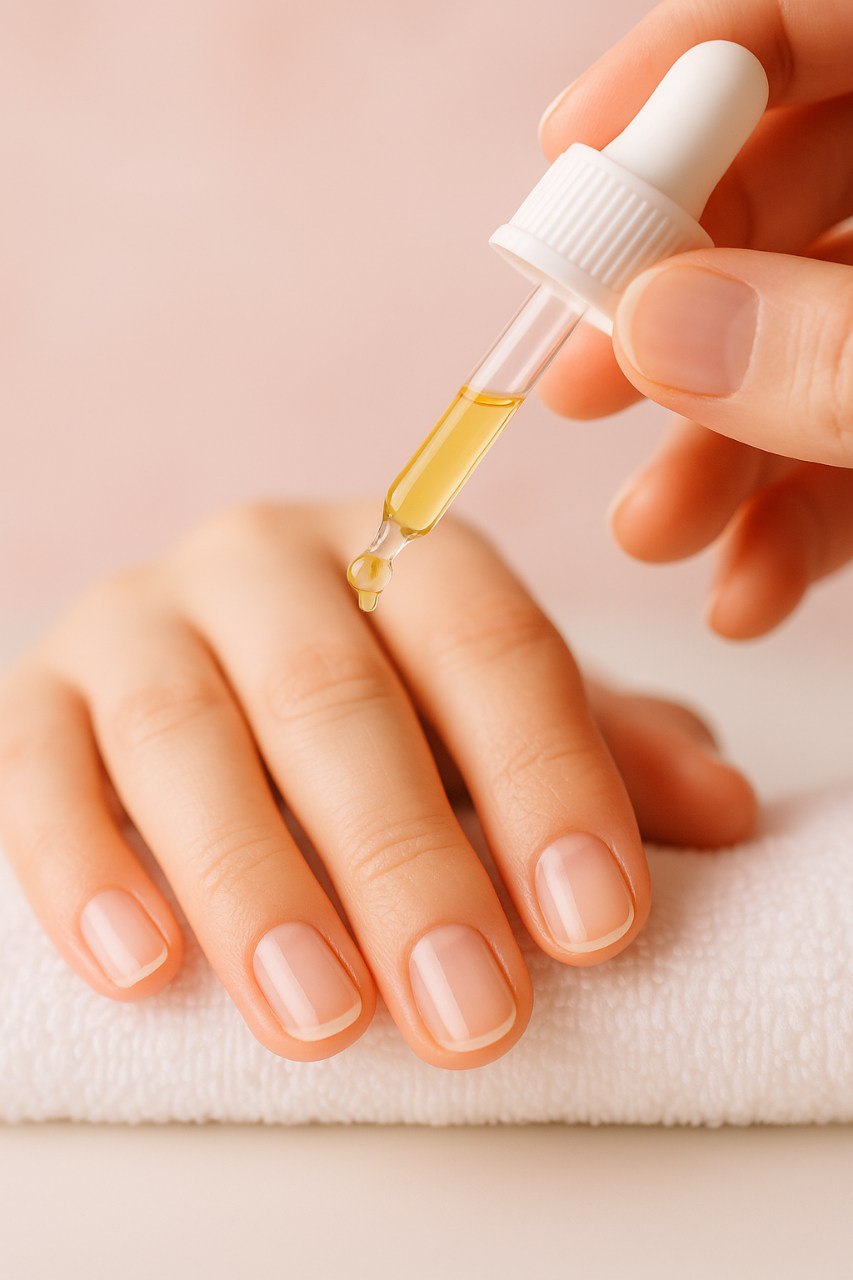Macro shot of a dropper bottle applying cuticle oil onto fingernails and cuticles, with soft lighting and a feminine, pastel-toned aesthetic.