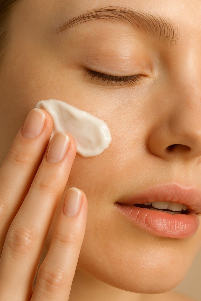 Moisturizer being applied to face as part of skincare layering.