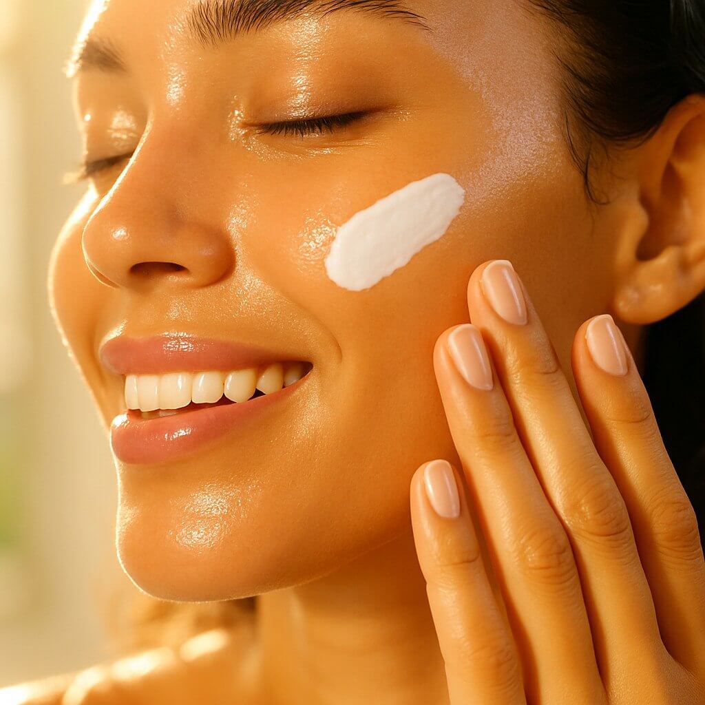 Sunscreen being applied as the final step in daytime skincare routine.