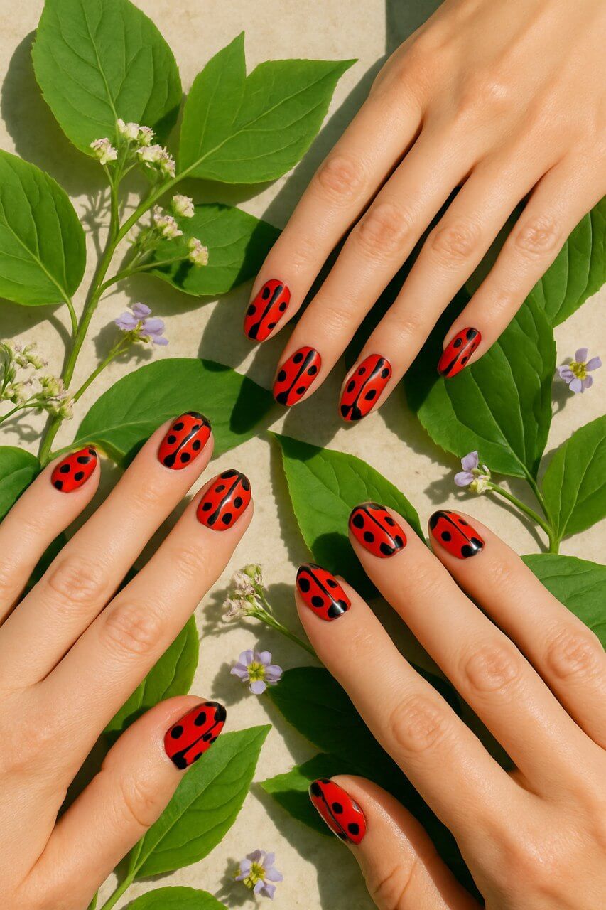 Ladybug nail designs for 2025 trendsladybug nail designs Flat-lay photo of three hands with ladybug-themed nail art, featuring bold red polish, black dots, and glossy finish, surrounded by green leaves and tiny purple flowers under soft sunlight for a fresh springtime vibe."