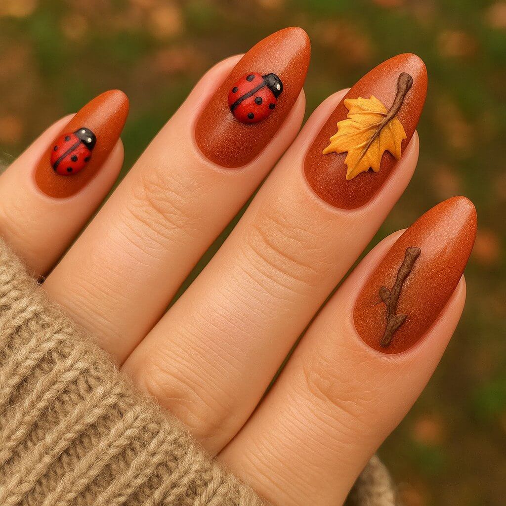 Autumn-themed nails with burnt orange base, tiny ladybugs, and 3D twig and fall leaf accents. Cozy, rustic nail art on medium almond-shaped nails. Warm tones, outdoor fall vibe.”