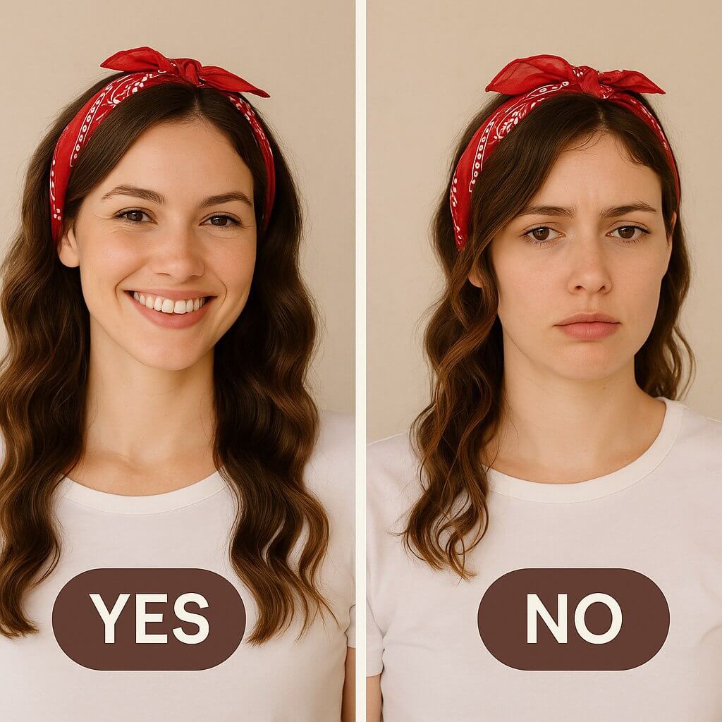 Side-by-side comparison of a well-styled bandana hairstyle versus a messy one. One side shows a neat fold labeled “Yes” and the other shows a slipping or loose bandana labeled “No”.