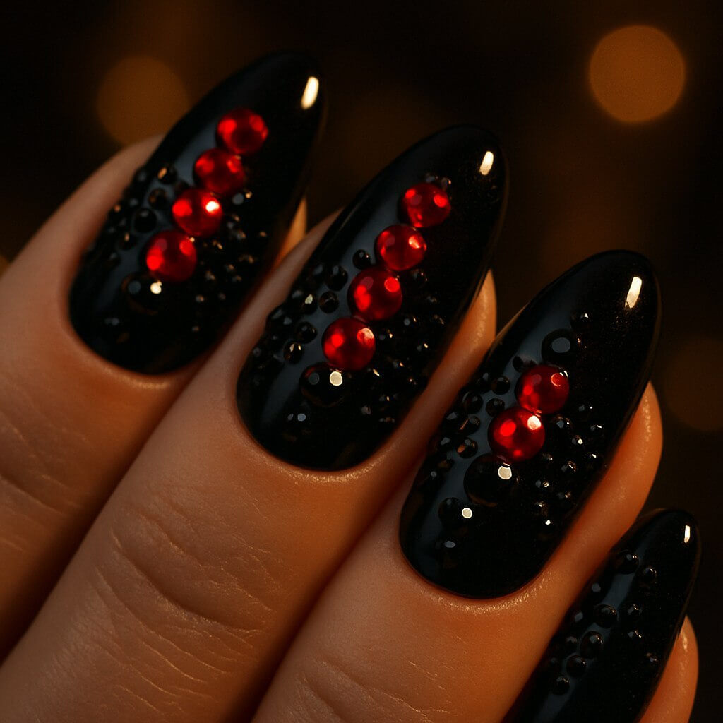 Black nails with ladybug-inspired dot art featuring rhinestones and tiny black crystals, captured in a macro shot with evening lighting for a glamorous party-ready sparkle." ✨🐞🖤