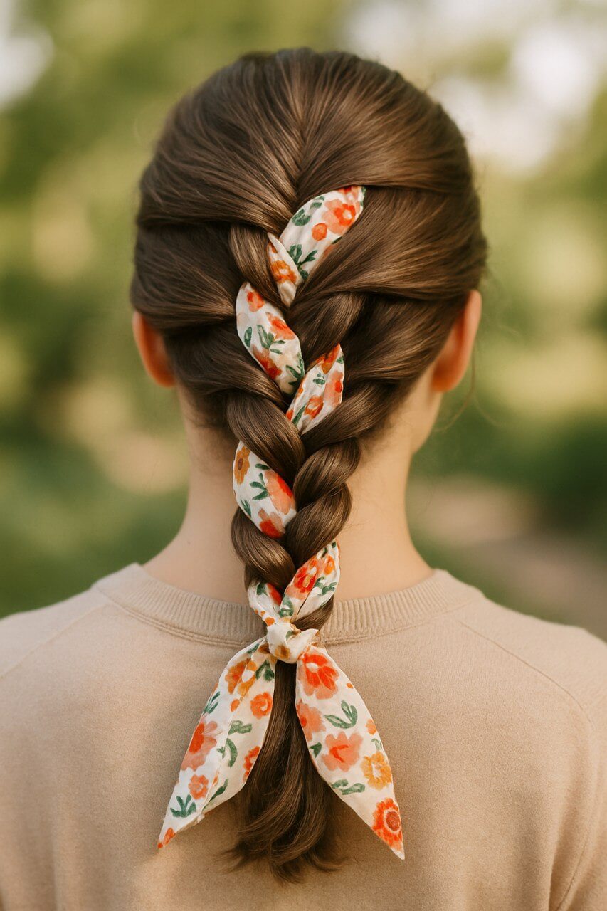 Close-up of a French braid with a floral bandana woven through the hair. Neatly styled braid with glossy hair and soft outdoor background.