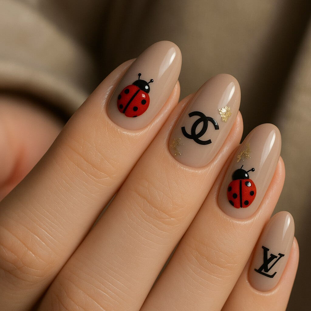 Chic nude or taupe nails with tiny ladybugs, gold foil accents, and designer-style decals, captured in a high-fashion editorial-style photo with a luxury runway-inspired vibe." 💅🐞✨👜