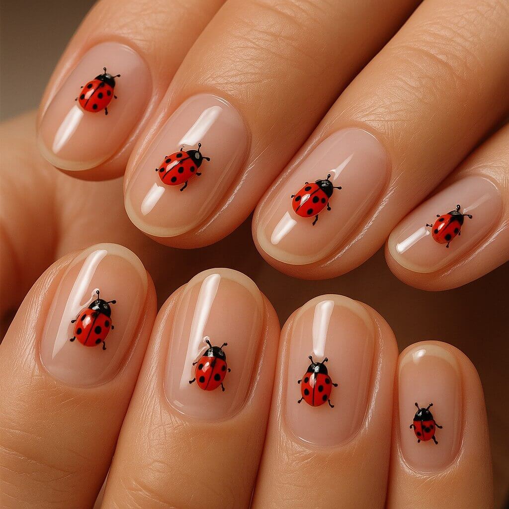 Minimalist clear nails with tiny 3D ladybug decals on a glossy transparent base, macro close-up of hands with high-shine modern finish.