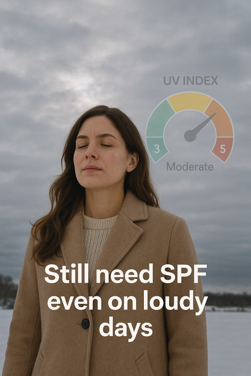 sunscreen in winter"Cloudy winter sky with hidden sun and UV index. Woman unaware she still needs sunscreen."