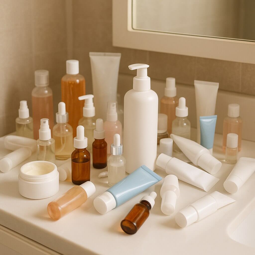 Messy skincare vanity crowded with numerous bottles, jars, and tubes, representing an overwhelming 10-step skincare routine.