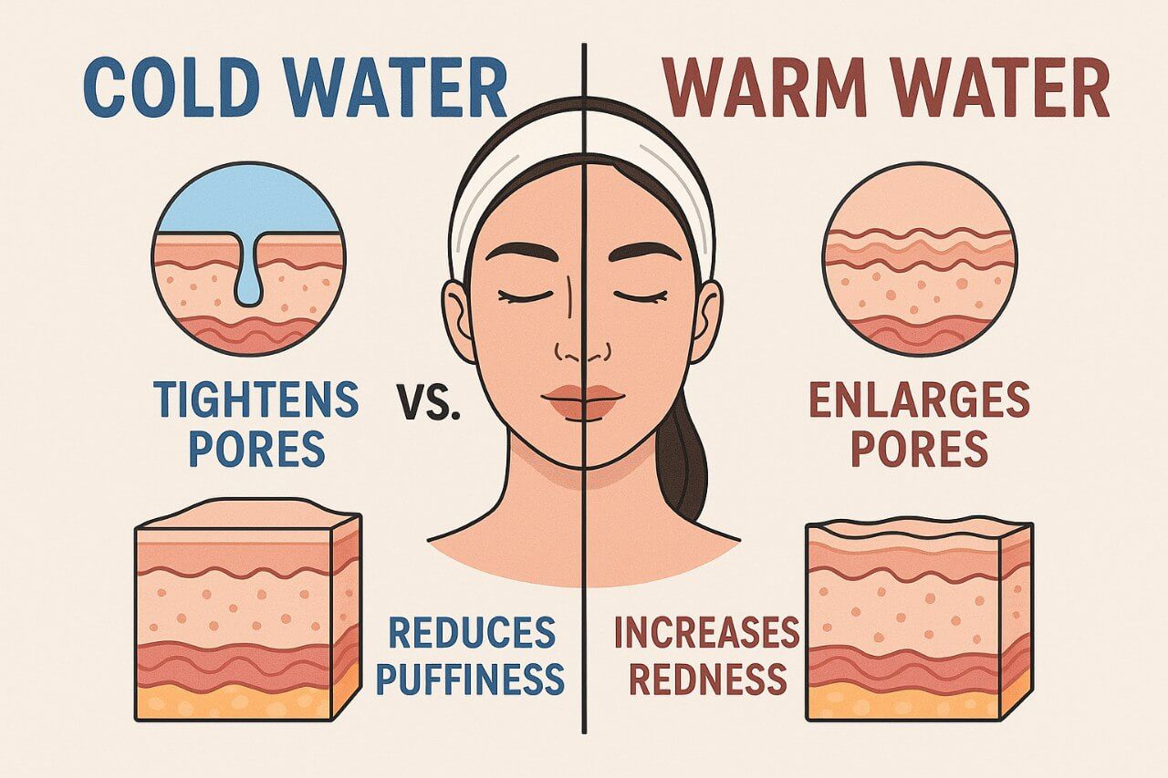 Side-by-side visual comparison of cold water vs warm water effects on the skin