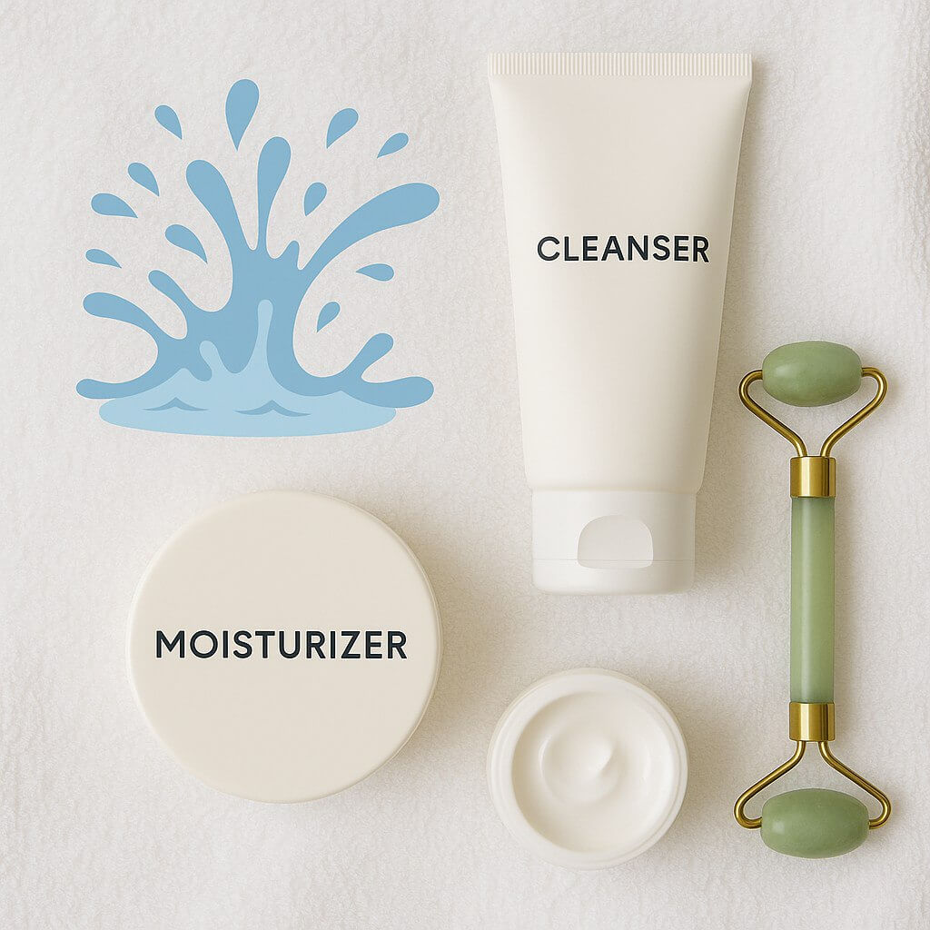Flatlay of cold water skincare essentials including towel, cleanser, and water splash elements