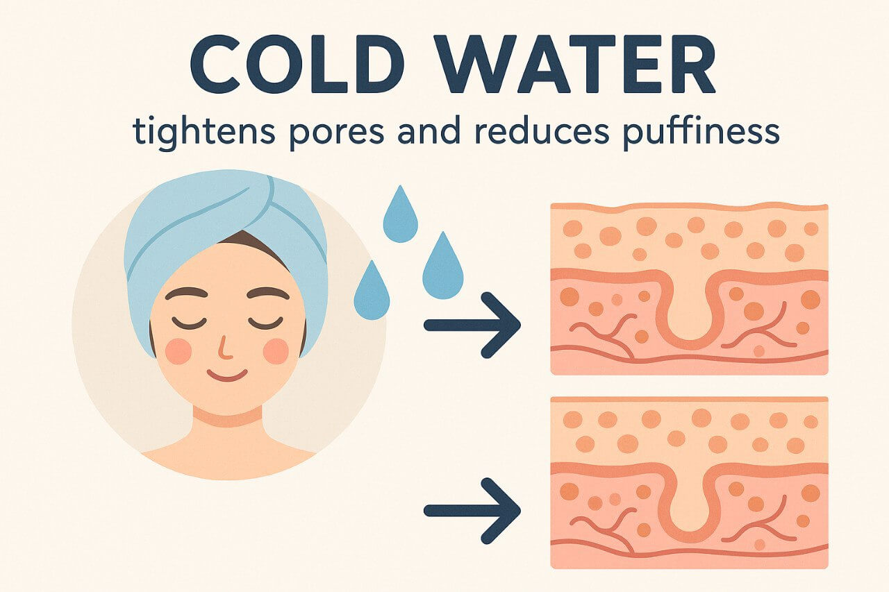 cold water face washingIllustration showing how cold water tightens pores and reduces puffiness on the skin