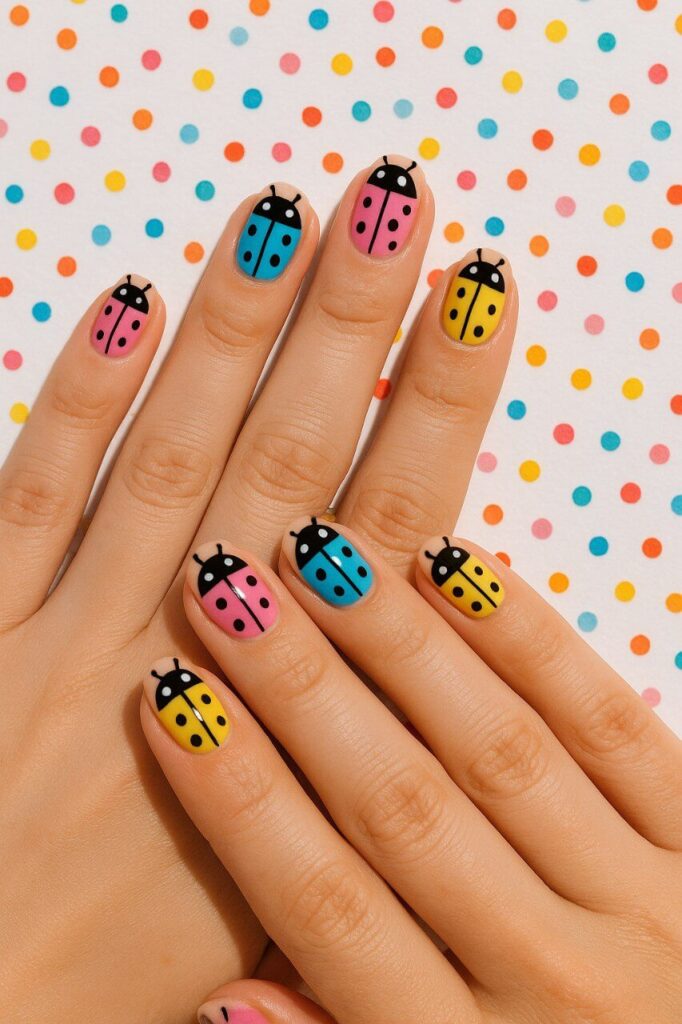 "Hands with colorful ladybug nail art in pink, blue, and yellow on a clear or white base, posed against a confetti background for a festive summer look."