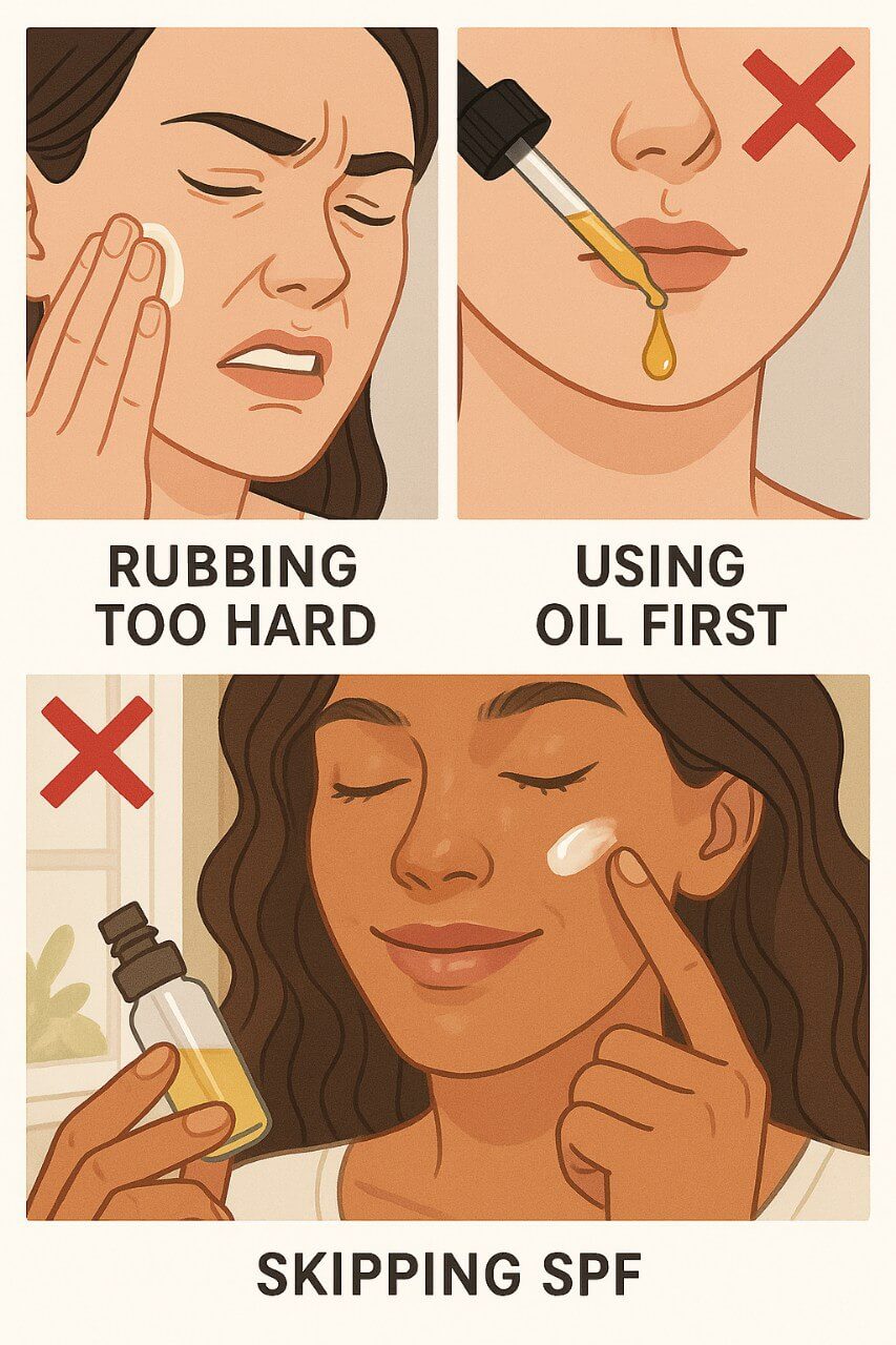 Visual showing common skincare mistakes like over-exfoliating and incorrect layering.
