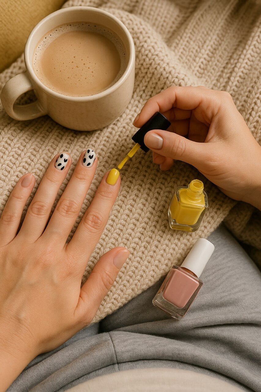 Nail Trends 2025
Woman painting her nails on the couch while sipping coffee — cozy self-care moment for moms
