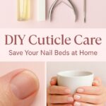 Collage-style featured image for a beauty blog post on DIY cuticle care, with a pastel background. Includes a flat lay of cuticle tools, a close-up of happy, moisturized hands holding a mug, and a small image of dry cuticles. Feminine overlay text reads “DIY Cuticle Care” in an elegant font, styled in a clean, Pinterest-optimized layout.