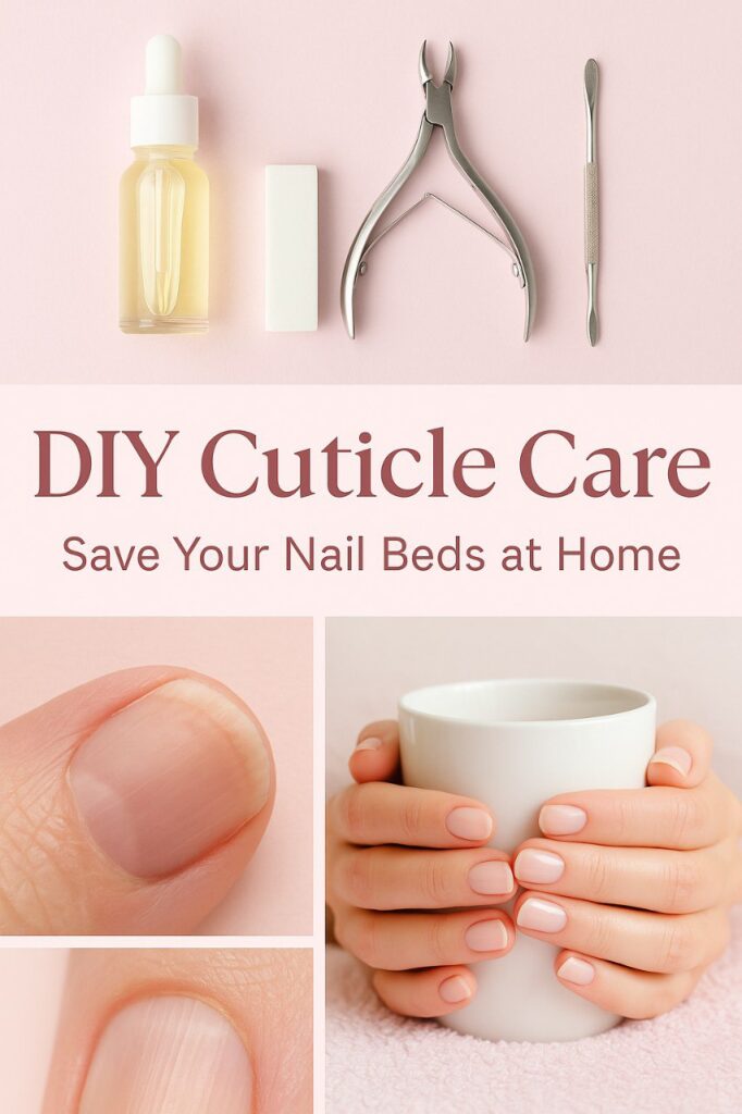 Collage-style featured image for a beauty blog post on DIY cuticle care, with a pastel background. Includes a flat lay of cuticle tools, a close-up of happy, moisturized hands holding a mug, and a small image of dry cuticles. Feminine overlay text reads “DIY Cuticle Care” in an elegant font, styled in a clean, Pinterest-optimized layout.