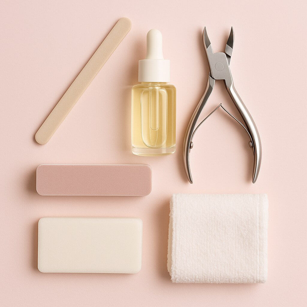 Minimalist flat lay of essential DIY cuticle care tools including a cuticle pusher, nail nipper, buffer block, cuticle oil bottle, and small towel on a white or pastel pink background, styled in a clean beauty blogger aesthetic.