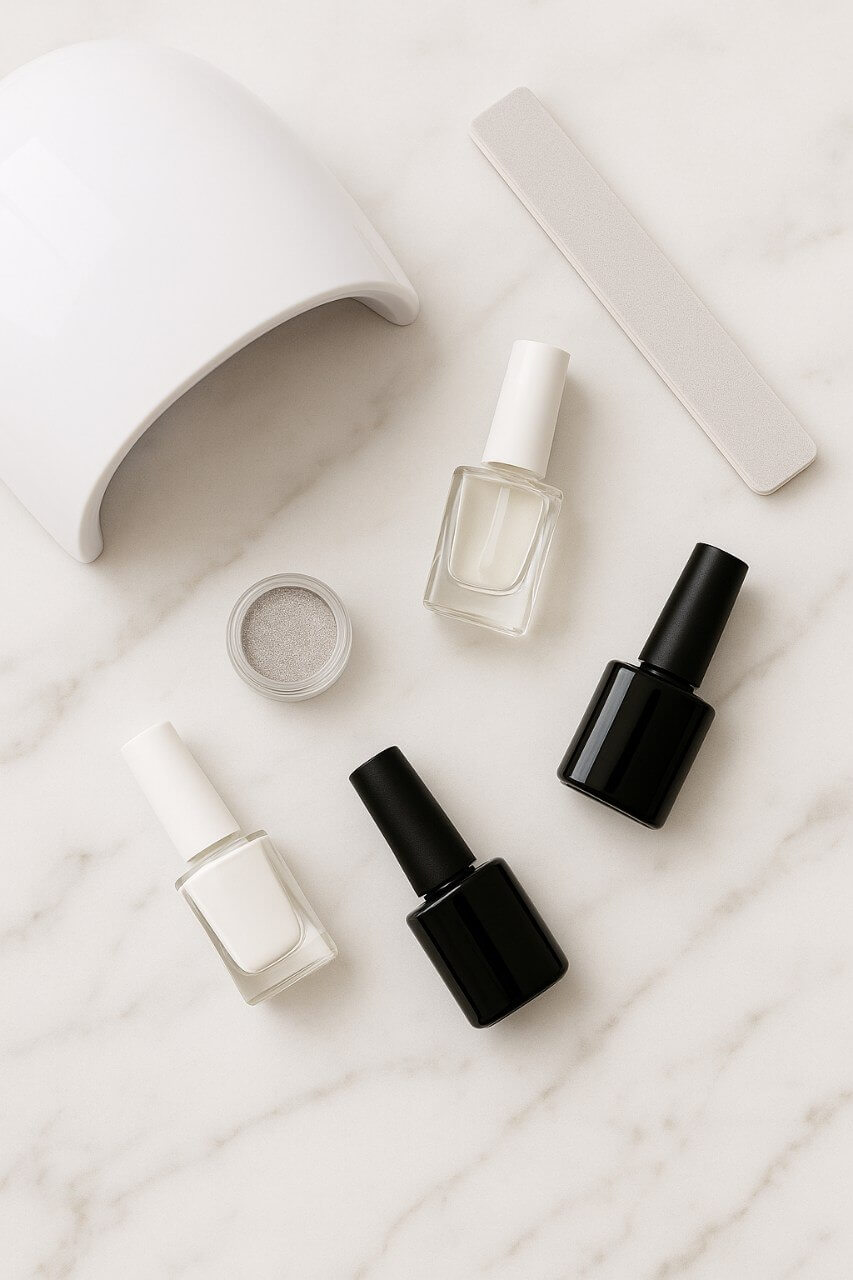 “Flat lay of manicure tools including LED lamp, buffer, nail polish, and chrome powder”