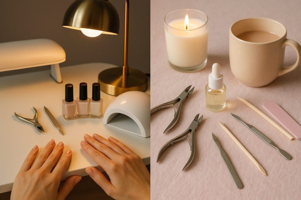 Split image showing a professional salon manicure setup on the left with elegant lighting, and a cozy at-home cuticle care setup on the right with tools, candles, and a coffee mug, styled in soft pastel tones and a feminine aesthetic.