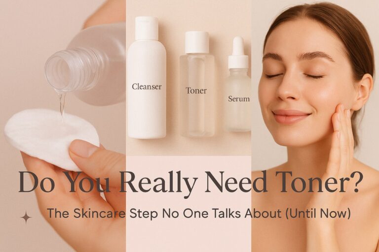 “Collage of skincare products including toner, serum, and moisturizer with a woman applying skincare, overlaid with the text ‘Do You Really Need Toner?’ on a soft pastel background”
