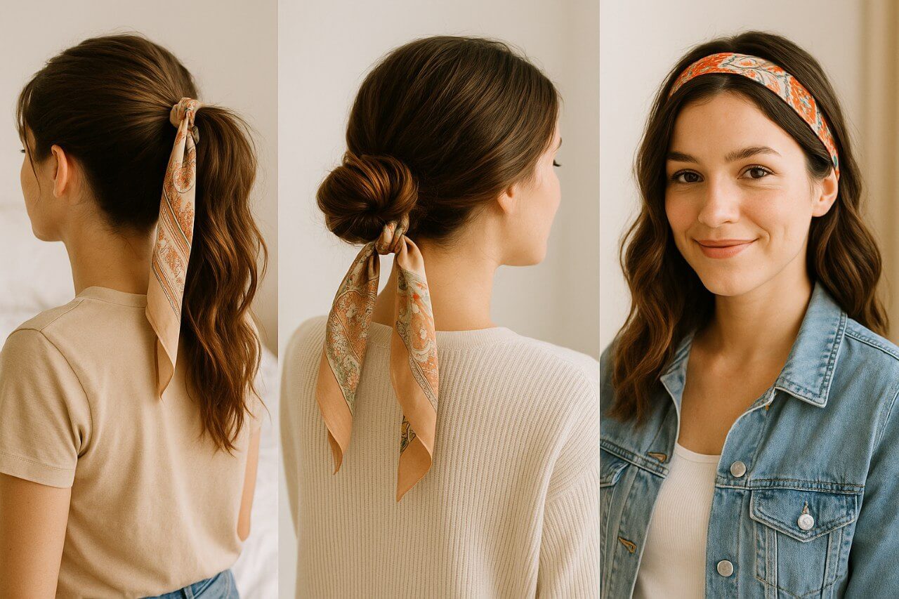Collage of three easy bandana hairstyles including a ponytail with a tied bandana, a low bun with a scarf wrap, and loose hair styled with a headband. Casual and simple everyday looks.