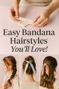 "Step-by-step collage of easy bandana hairstyles for long hair – includes folding tutorial and trendy looks for women."