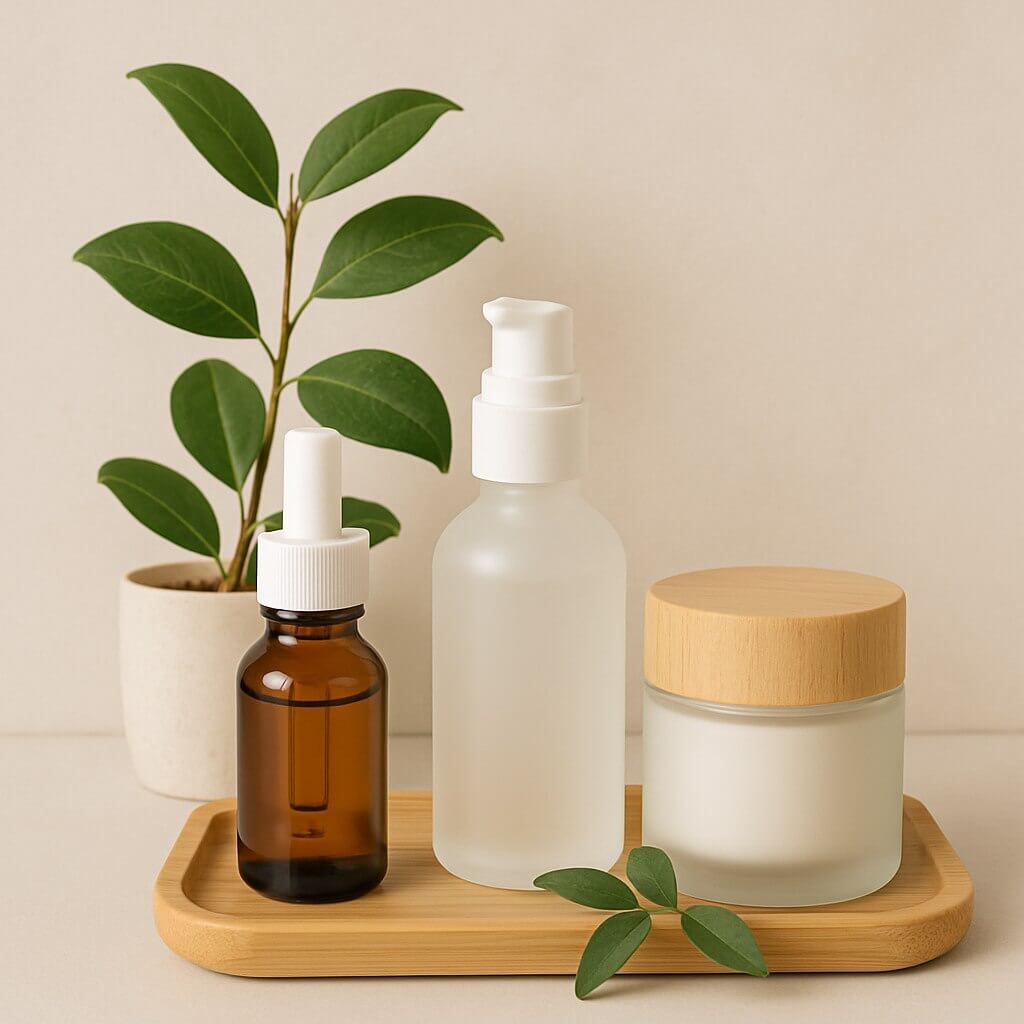 Flat lay of sustainable skincare products in eco-friendly packaging, including glass bottles and refillable jars, placed on a tray with green plants in the background.