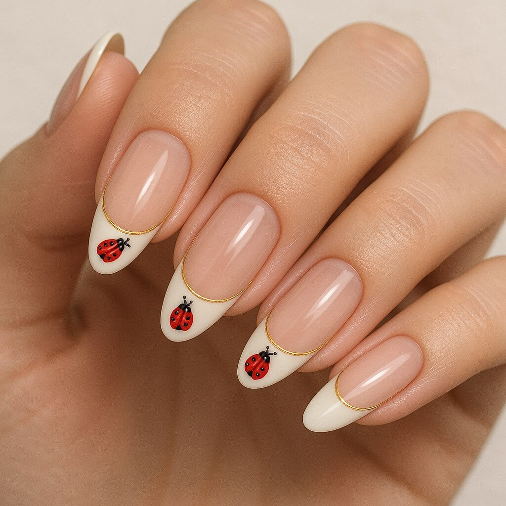 "Elegant French manicure featuring nude nails with white tips, tiny red ladybugs delicately placed on the tips, and fine gold outlines for a chic and stylish finish — perfect for spring or summer nail inspiration."
