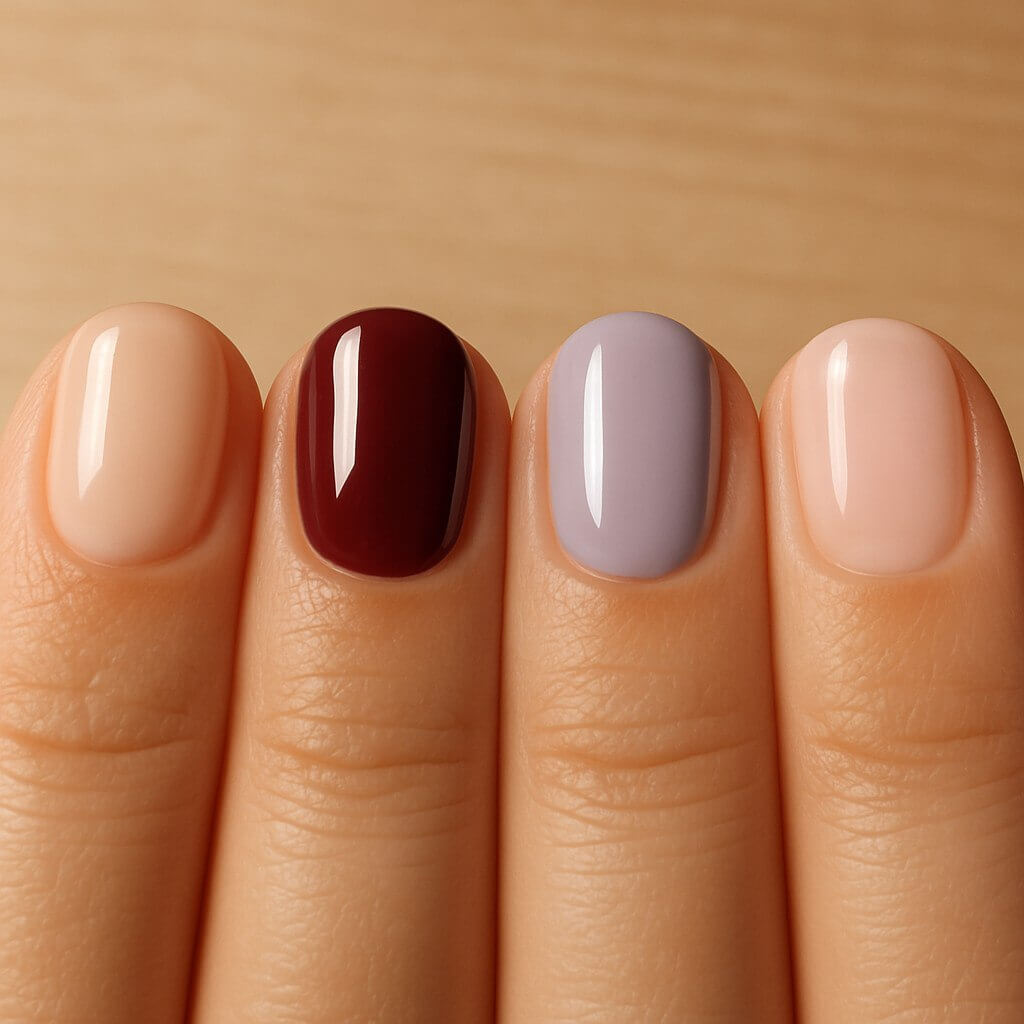 “Short nails painted in milky nude, deep red, pastel lavender, and sheer pink”
