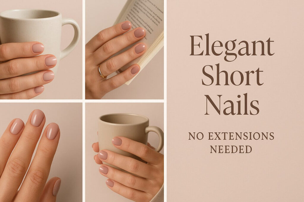 “Collage of elegant short nails with text overlay saying 'Elegant Short Nails – No Extensions Needed'”