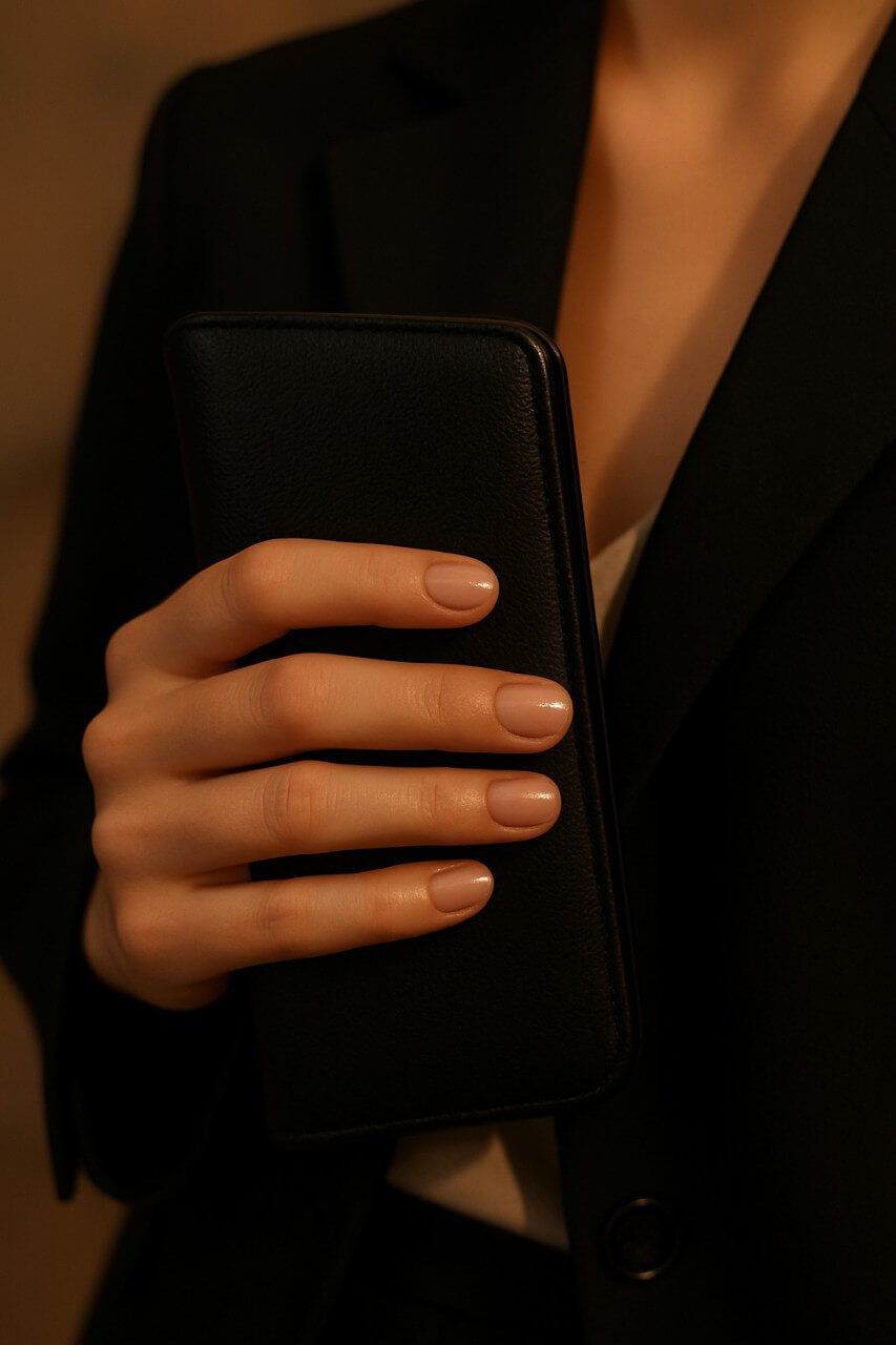 “Chic short nails holding a stylish clutch — evening city glam aesthetic”