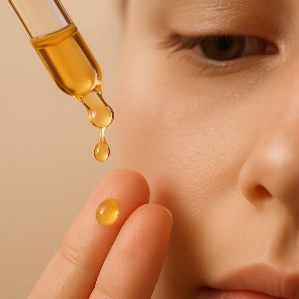Facial oil drop about to be applied on skin.