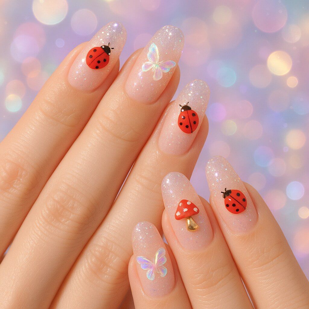 "Glittery ombre nails featuring red ladybugs, iridescent butterfly decals, and miniature mushroom charms under soft fairycore lighting with dreamy bokeh effects."