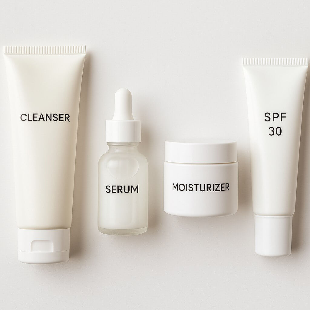 Flat lay photo of a minimalist skincare routine including a gentle cleanser, lightweight moisturizer, and sunscreen, arranged on a clean white surface.