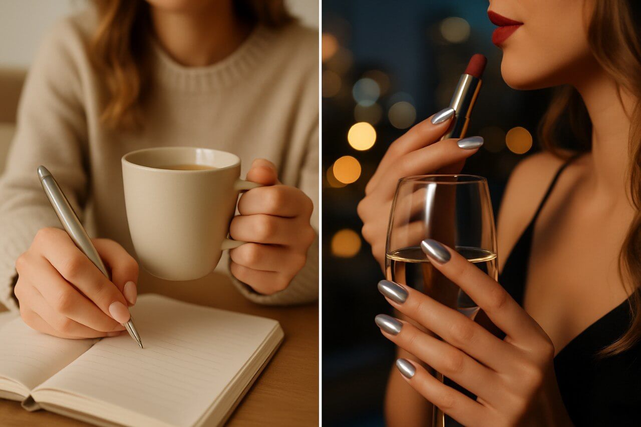“Glazed nails styled for a night out, holding a wine glass with sparkly makeup”