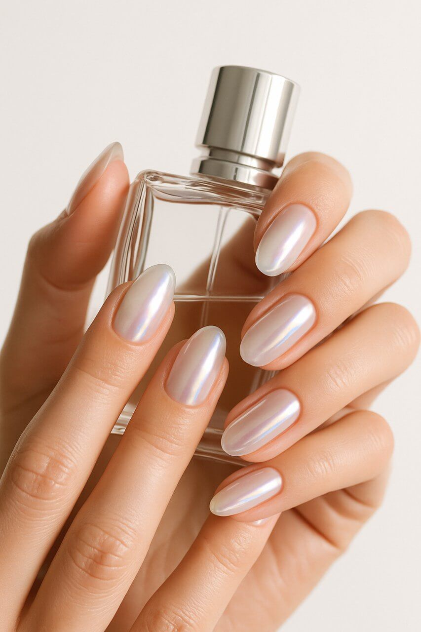 “Iridescent glazed donut nails with shiny chrome effect on manicured hands”