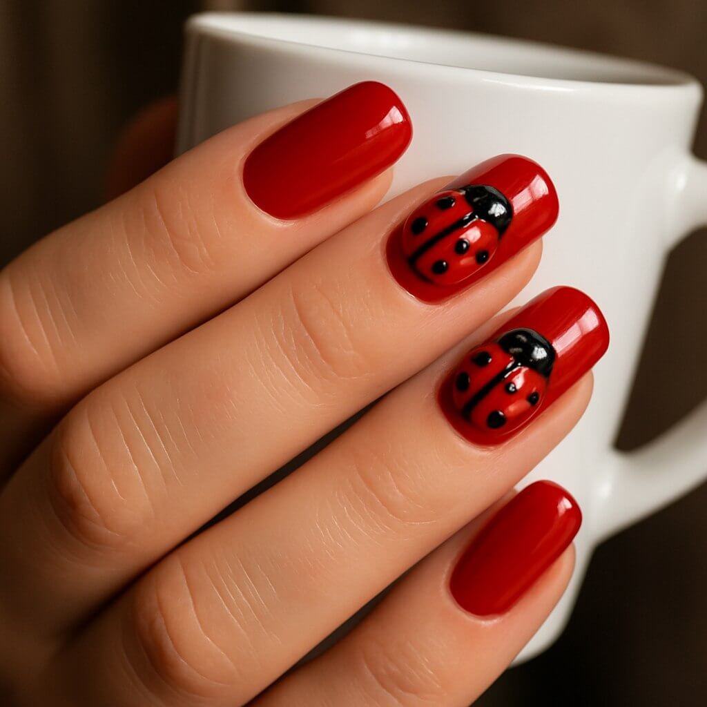 "Glossy red manicure with raised 3D ladybug charms on accent nails, captured in a macro shot. The hand is holding a coffee cup, showcasing the shiny texture and intricate nail art details — perfect for a cozy, stylish nail inspiration photo."