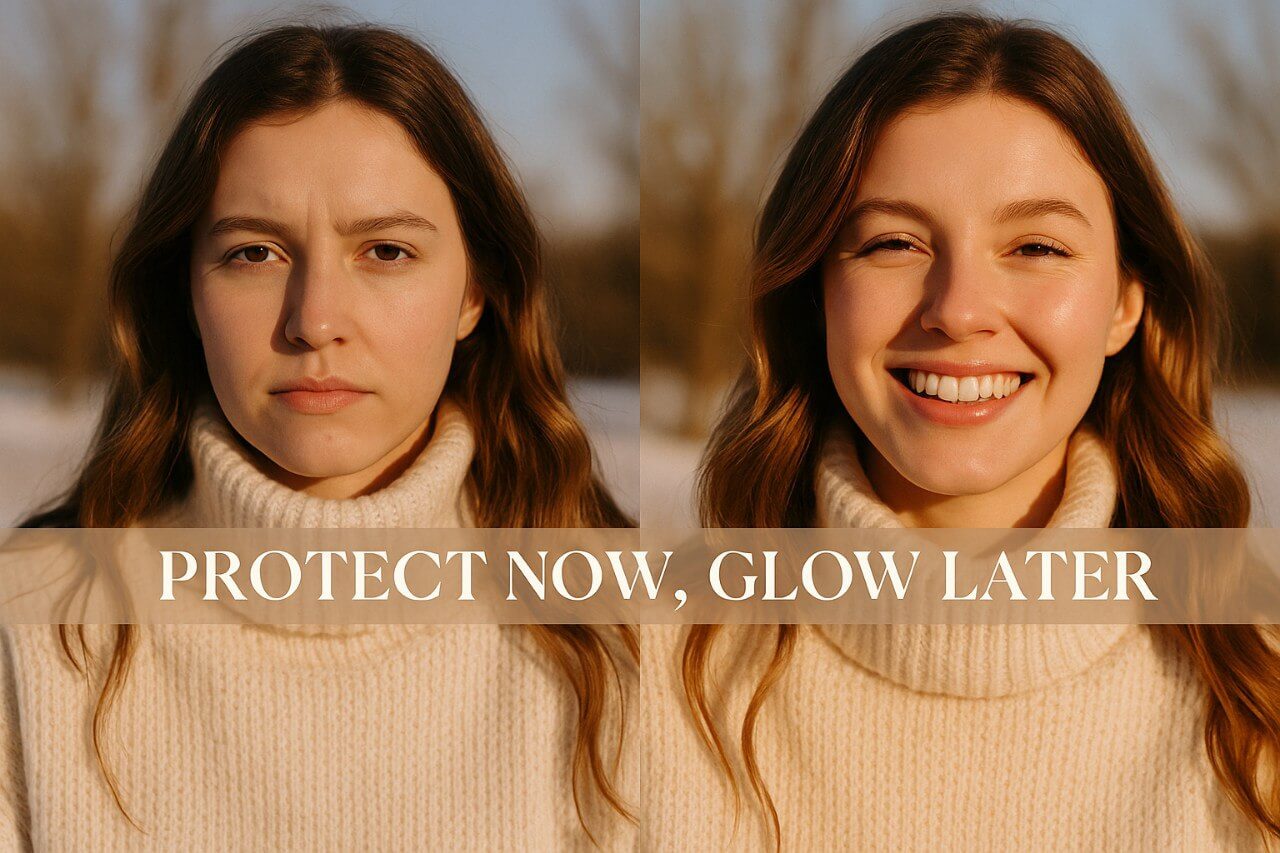 "Before and after winter skin with and without sunscreen. SPF helps protect and glow later in cold weather."