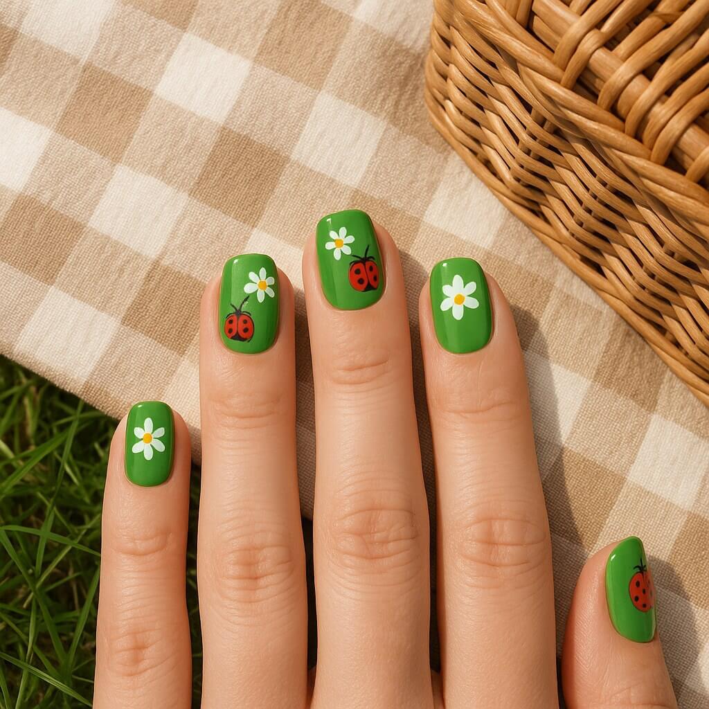 "Flat-lay of grassy green nails with tiny red ladybugs and white daisy accents, styled with a picnic blanket and woven basket for a cheerful spring outdoor aesthetic."