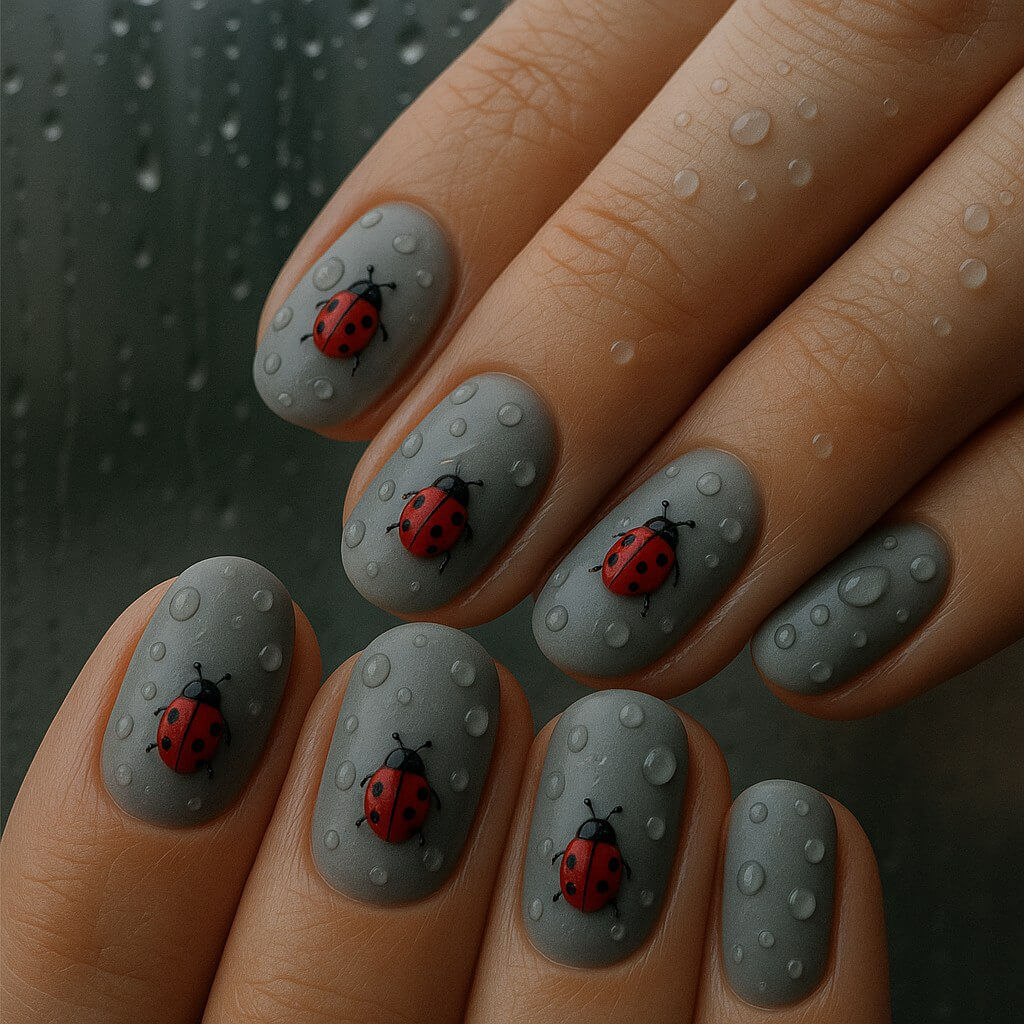 Soft matte grey nails with tiny red ladybugs and delicate raindrop gel art, captured in a macro shot with a rainy window background and cozy, moody vibe.