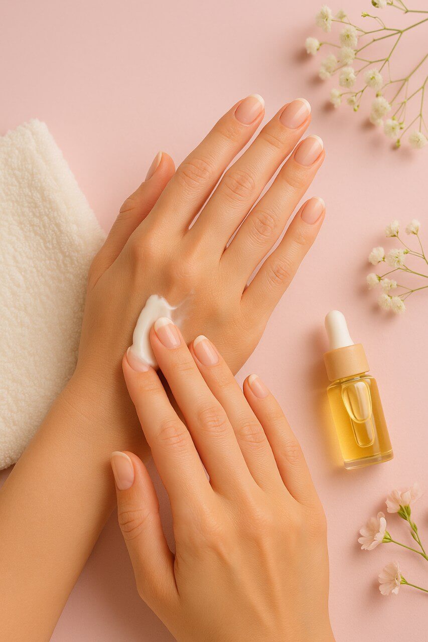 Aesthetic image of a feminine hand applying hand cream, surrounded by a soft towel, cuticle oil bottle, and delicate floral accents. Styled in pastel tones with a skincare blog vibe.