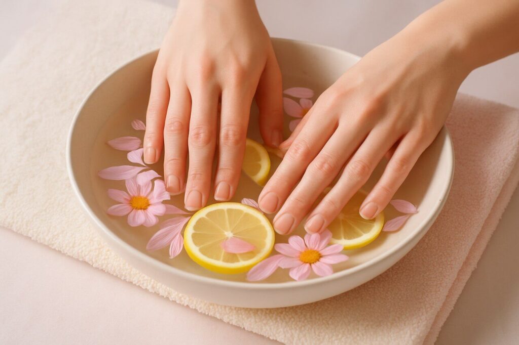 Hands soaking in a warm bowl of water with floating flower petals and lemon slices, surrounded by soft pastel towels in a calming, spa-like atmosphere with natural lighting.