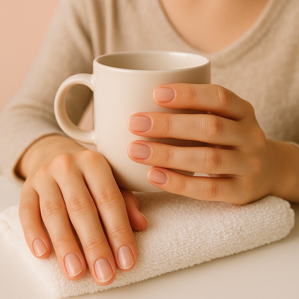 Clean, moisturized hands after a cuticle care routine, holding a coffee mug or resting on a plush towel. Soft lighting with a cozy, natural vibe and a feminine, self-care aesthetic.