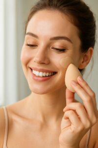 Woman applying foundation with makeup sponge for flawless skin